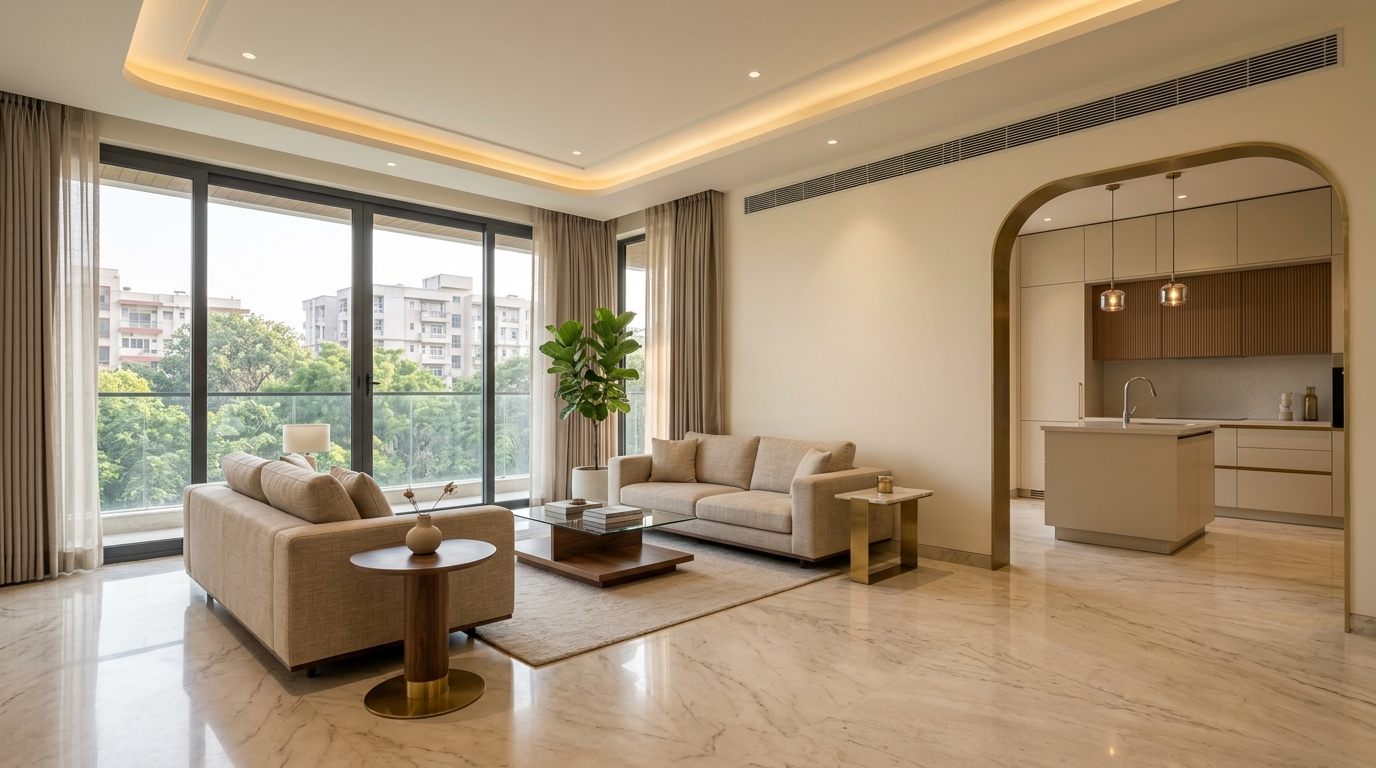Italian marble interior of a new luxury builder floor apartment in South Delhi