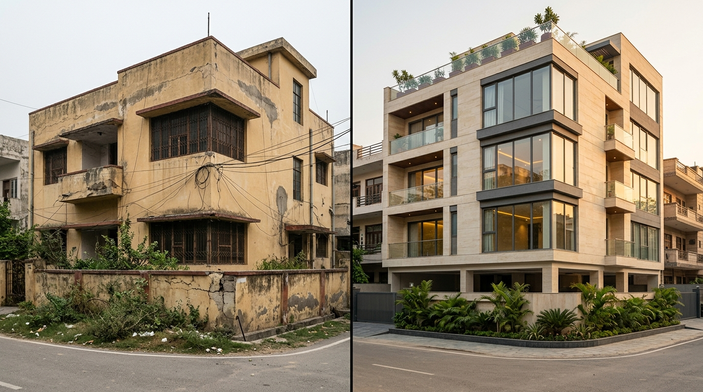 Before and after of an old South Delhi kothi redeveloped through collaboration