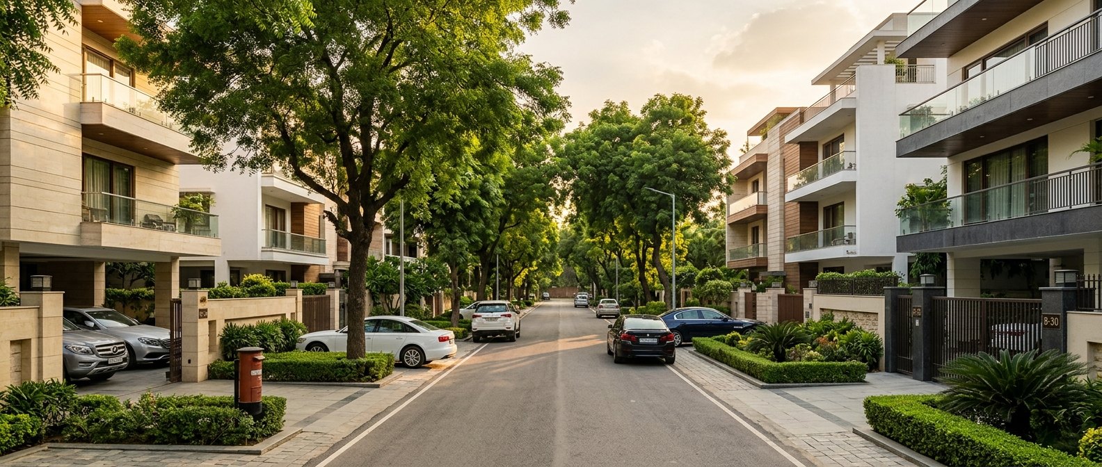 Tree-lined South Delhi colony street with builder floors suited to collaboration