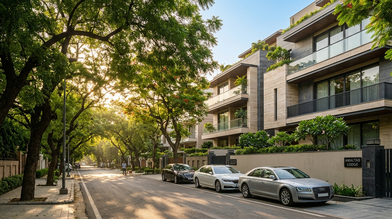 Tree-lined avenue with luxury builder floors in a premium South Delhi colony &mdash; colony and micro-market FAQs