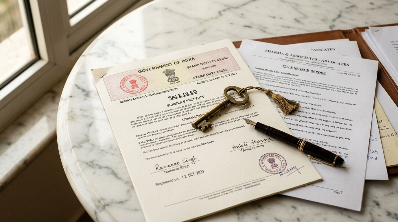 Property title documents, sale deed and brass key on marble &mdash; legal and due diligence FAQs for South Delhi real estate