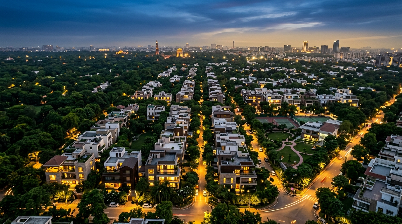 South Delhi real estate FAQs &mdash; aerial dusk view of South Delhi's luxury builder floor colonies, answered by SouthDelhiFloors