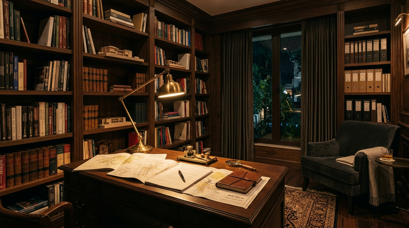 SouthDelhiPedia research desk &mdash; private study with property maps and legal volumes powering SouthDelhiFloors' South Delhi real estate knowledge