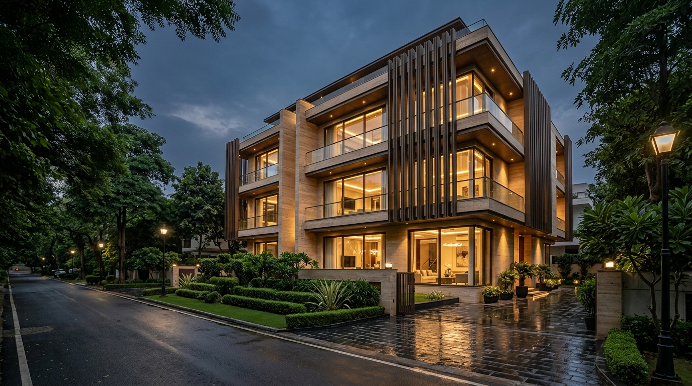 Luxury builder floor residence in South Delhi at dusk &mdash; SouthDelhiFloors transparent brokerage charges and end-to-end real estate service
