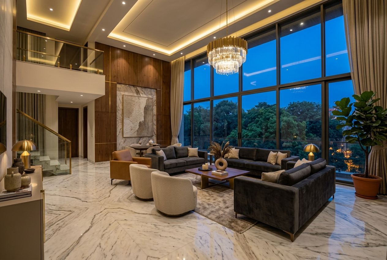 Double-height luxury living room interior in a new South Delhi builder floor &mdash; end-to-end real estate services by SouthDelhiFloors