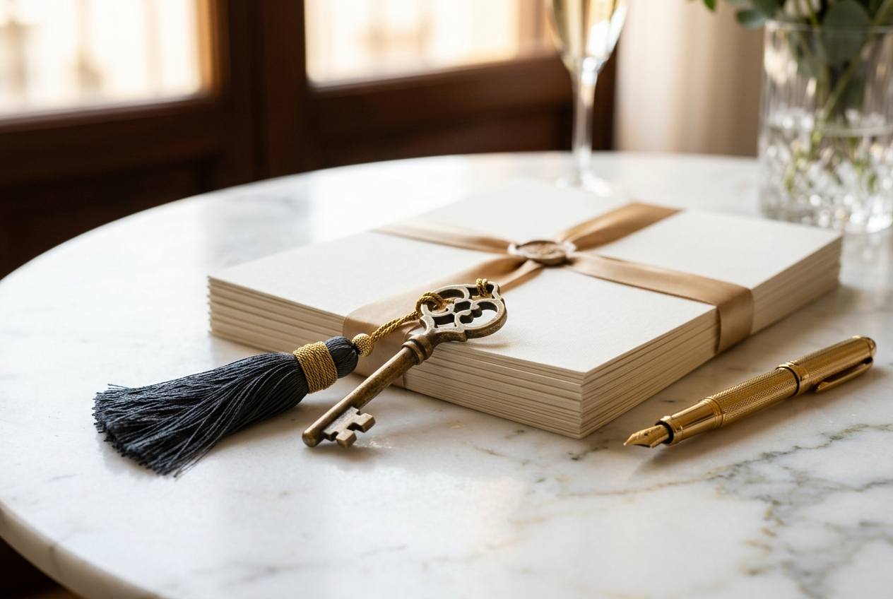 Brass house key on Italian marble with property documents &mdash; legal assistance, registration and title search included in SouthDelhiFloors charges