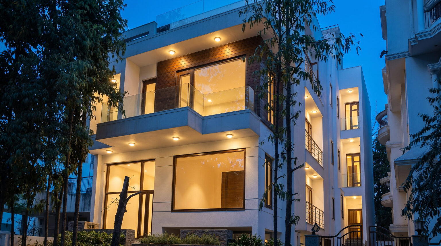 A completed Windchimes Construction house in South Delhi at dusk: white render, dark timber cladding and a cantilevered glass balcony lit from inside