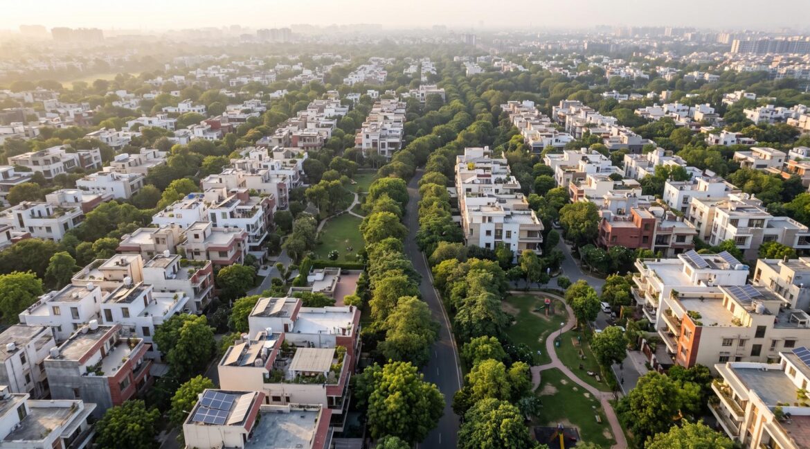 Aerial view of a leafy South Delhi colony: builder floors along a tree-lined avenue, one of the areas in South Delhi