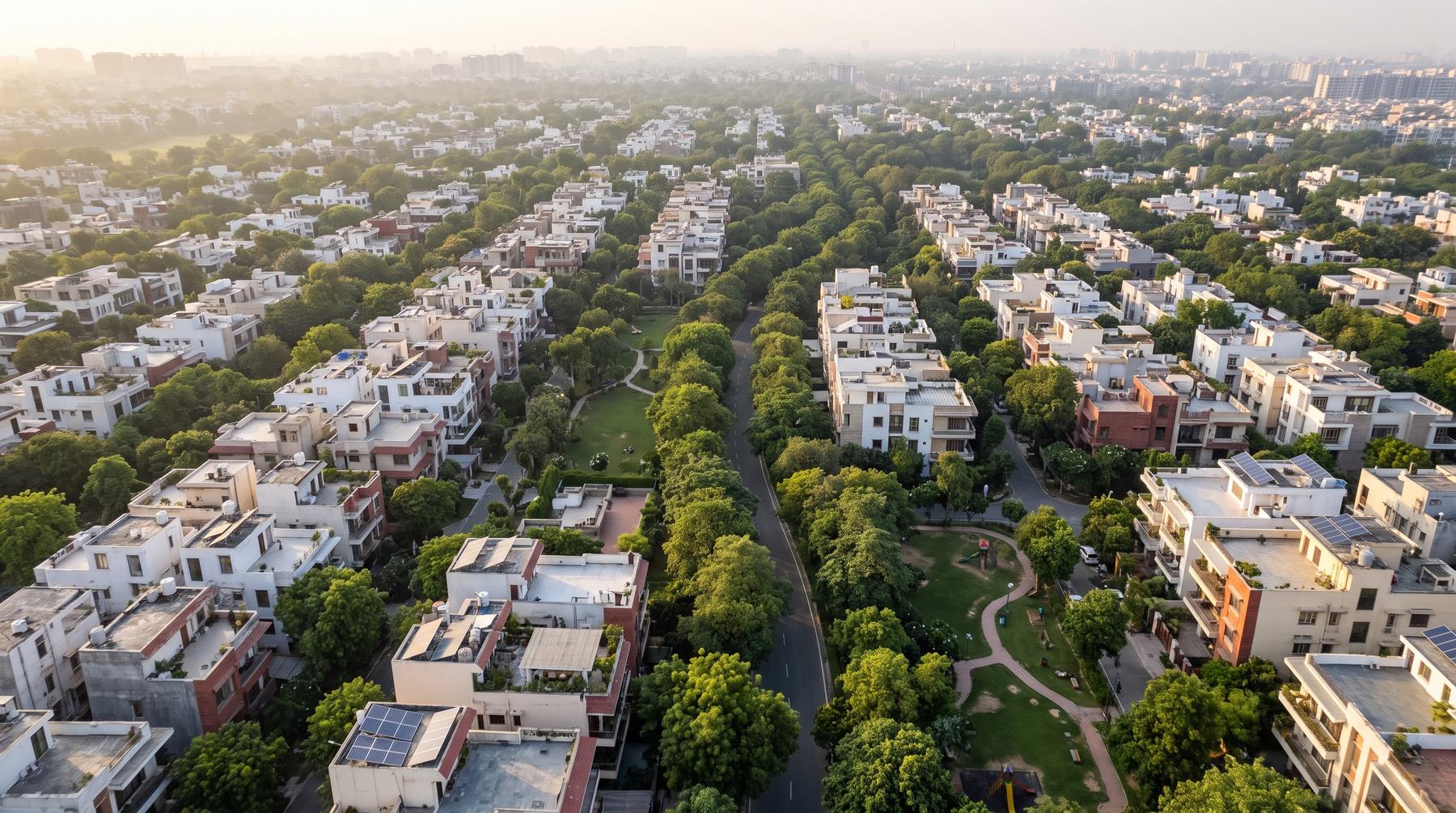 Aerial view of a leafy South Delhi colony, with builder floors along a tree-lined avenue