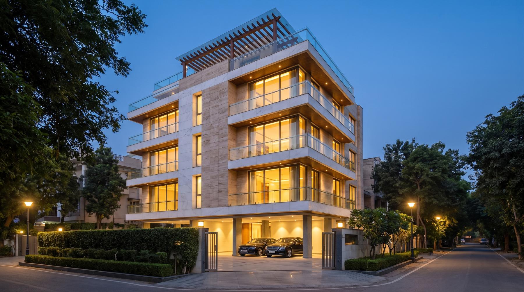A new South Delhi builder floor at dusk: stilt parking, four floors above and a roof terrace