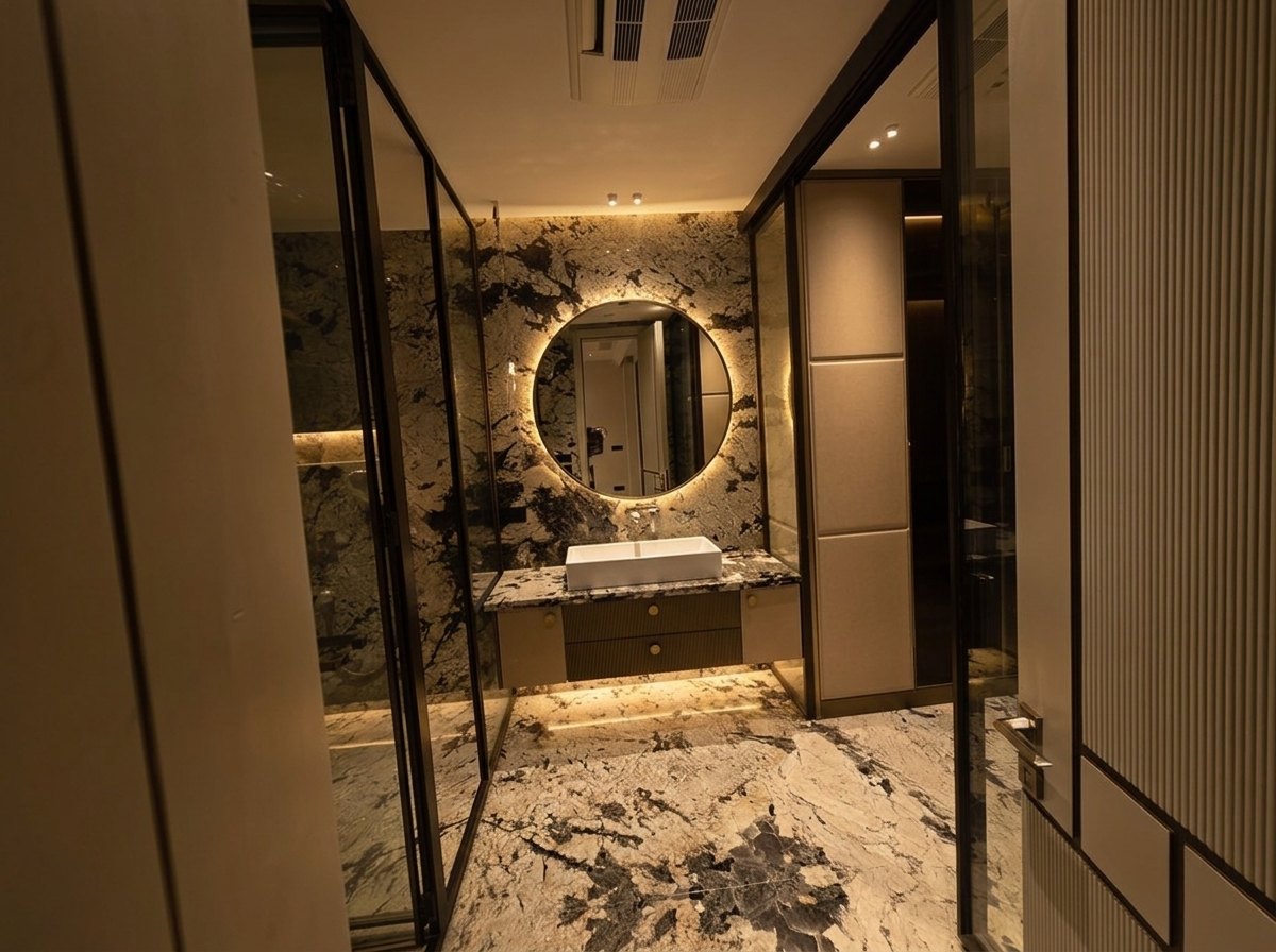 Black and white marble powder bath at Aalishan, South Extension
