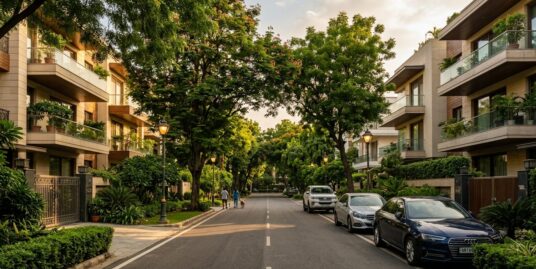 Anand Lok builder floors on a tree-lined street in South Delhi