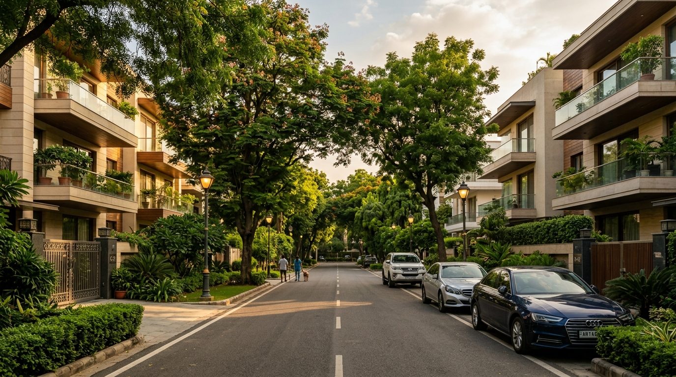 Anand Lok builder floors on a tree-lined street in South Delhi