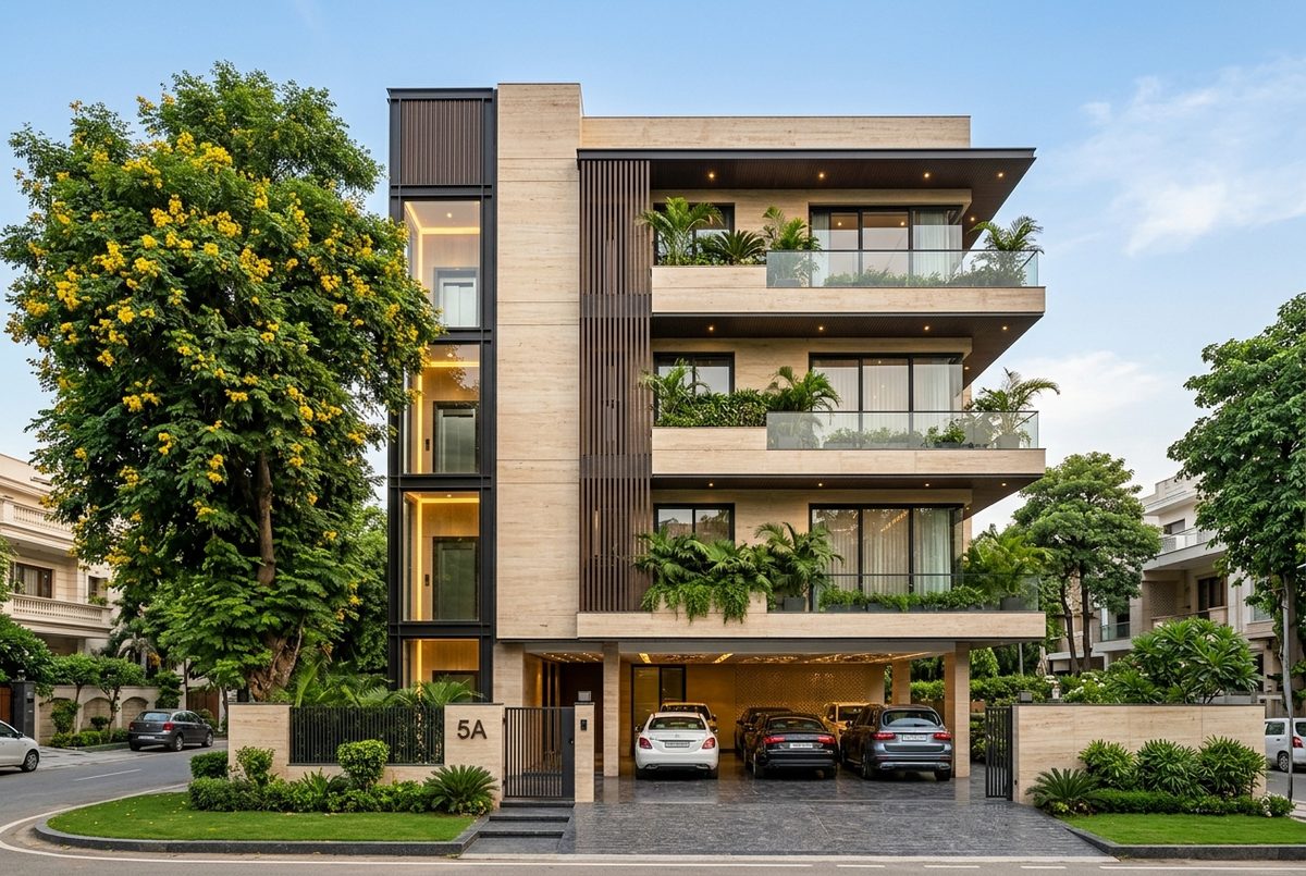 Modern luxury builder-floor facade in Anand Lok, South Delhi