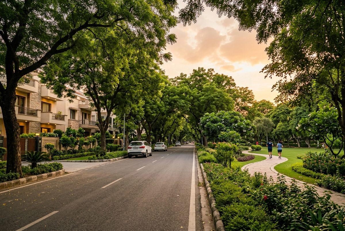 Tree-lined green avenue beside a park in the Anand Lok colony, South Delhi