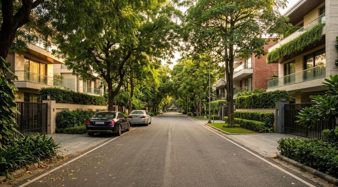 Anand Niketan builder floors on a tree-lined street in South Delhi