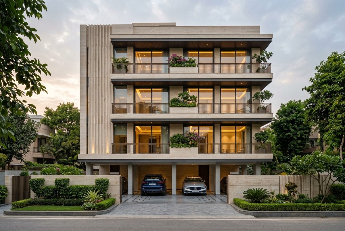 Modern luxury builder-floor facade in Anand Niketan, South Delhi