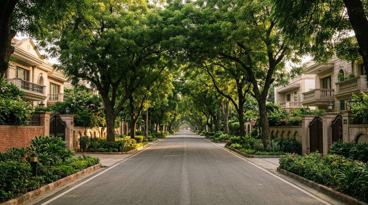 Tree-lined green avenue in the Anand Niketan colony, South Delhi