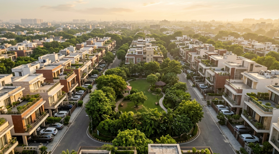 Aerial view of tree lined residential colonies in South Delhi