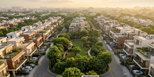 Aerial view of tree lined residential colonies in South Delhi