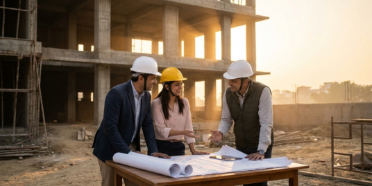 Booking an under construction builder floor in South Delhi — buyers reviewing plans with an architect on site