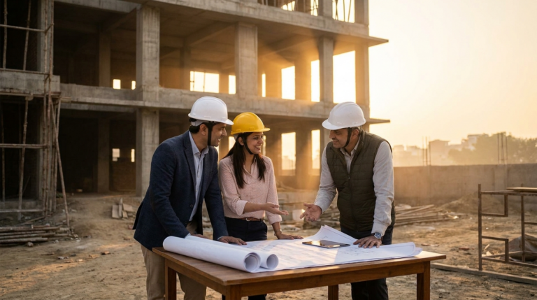 Booking an under construction builder floor in South Delhi &mdash; buyers reviewing plans with an architect on site