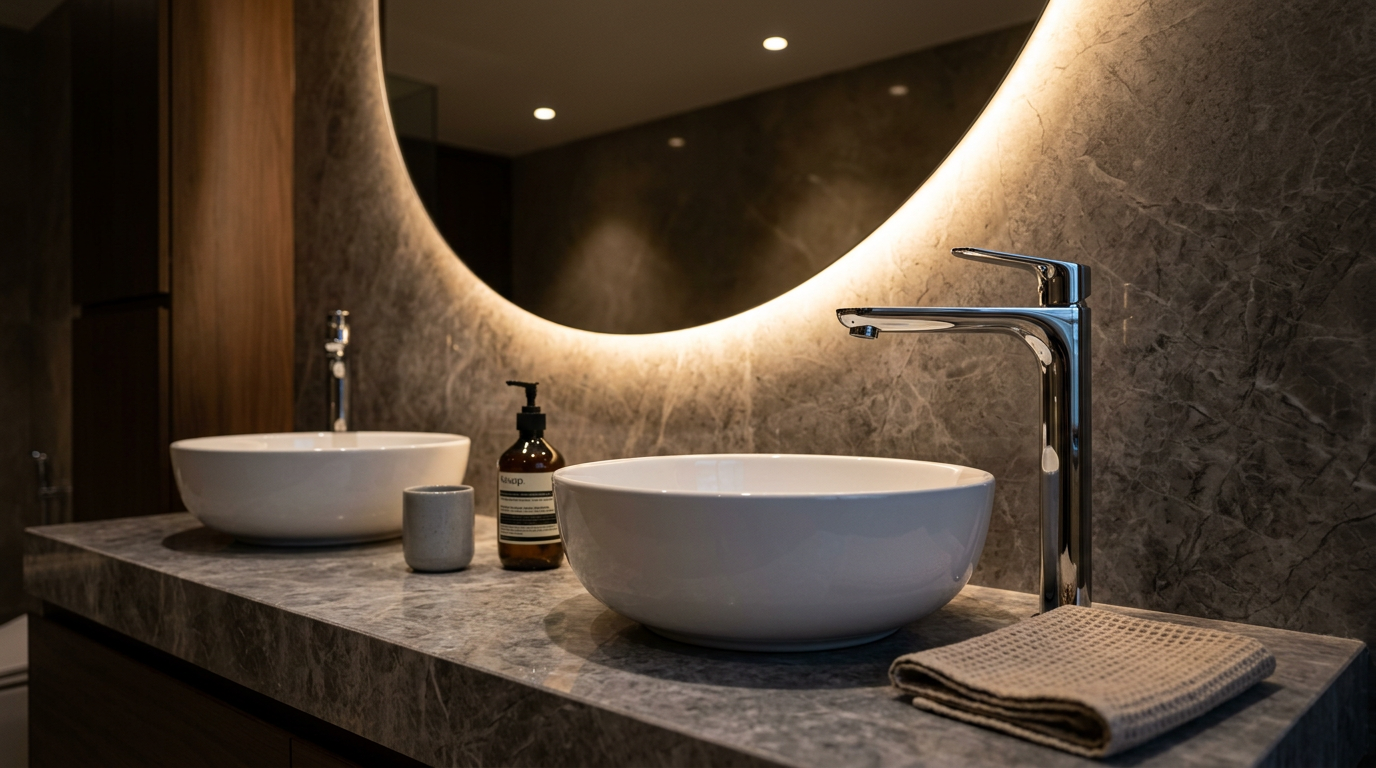 Branded designer bathroom fittings on an Italian marble vanity in a Panchsheel Park luxury home, South Delhi