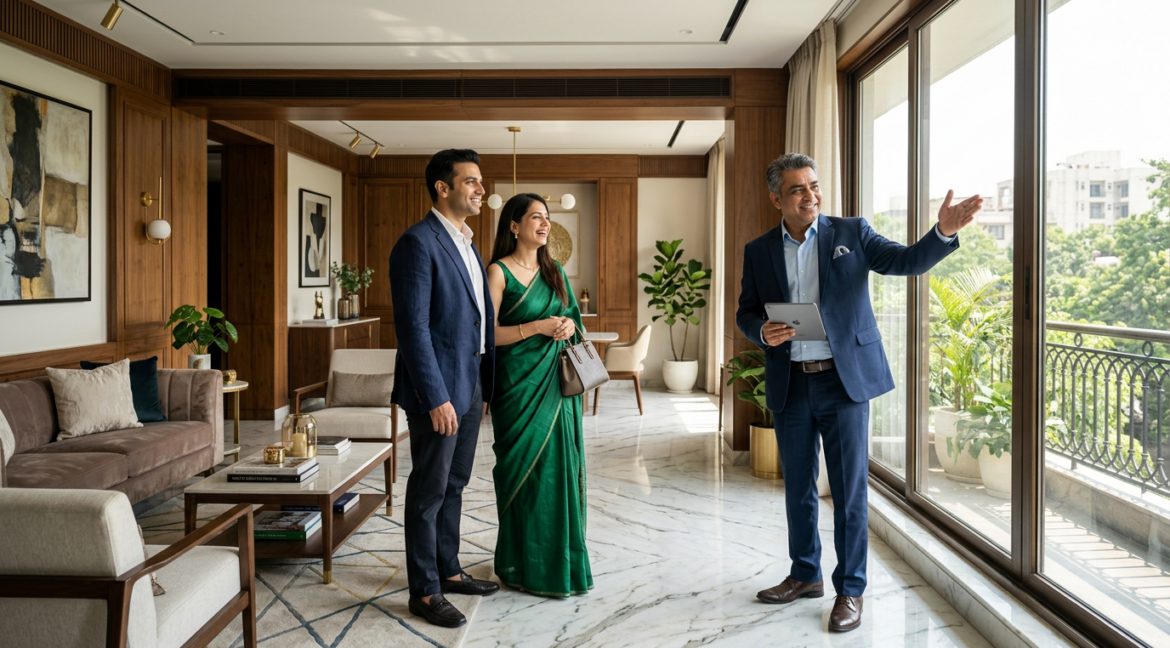 Brokerage commission in Delhi — a property broker showing a luxury South Delhi builder floor to a couple