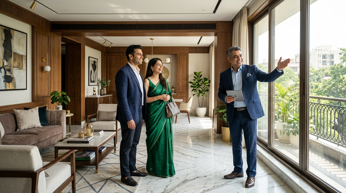 Brokerage commission in Delhi &mdash; a property broker showing a luxury South Delhi builder floor to a couple