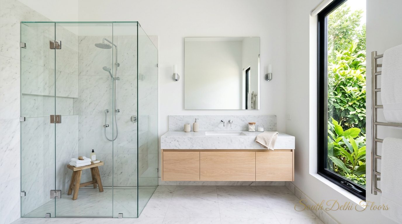 Light marble bathroom with a light-oak vanity