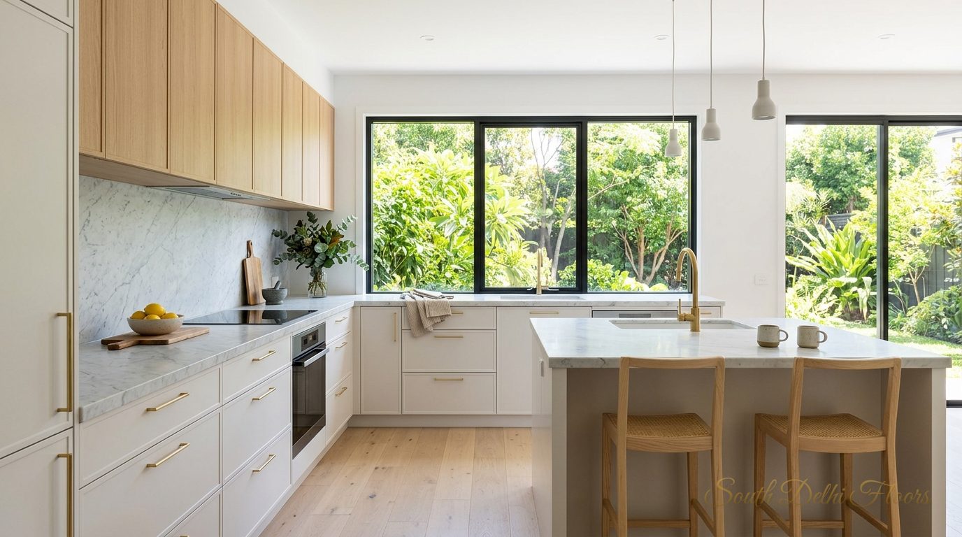 Bright pale-oak kitchen in a Chanakyapuri builder floor