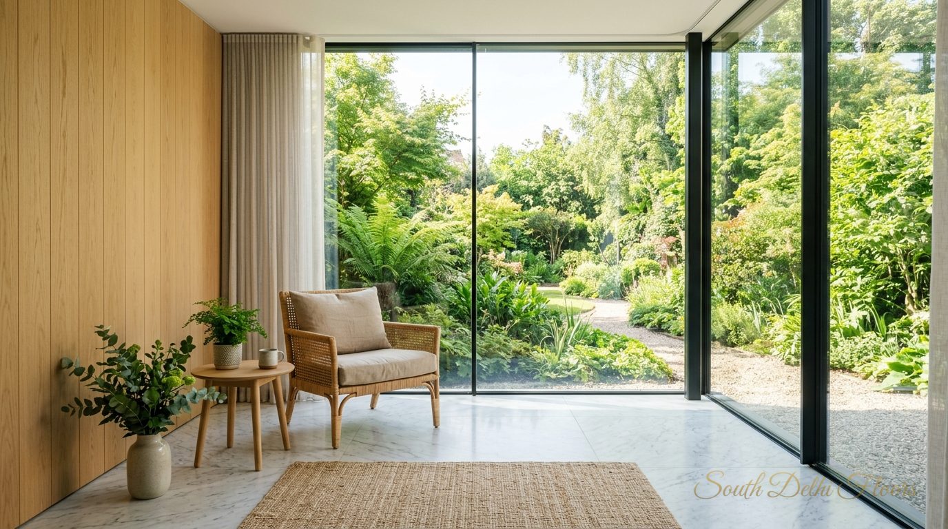 Bright living room with garden greenery in a builder floor in Chanakyapuri