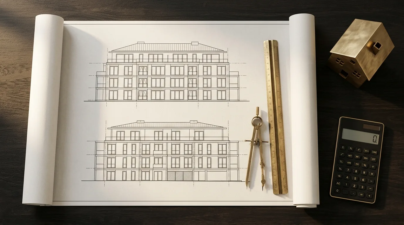 Architectural drawings and scale rule used to calculate a builder floor circle rate valuation from land share and construction
