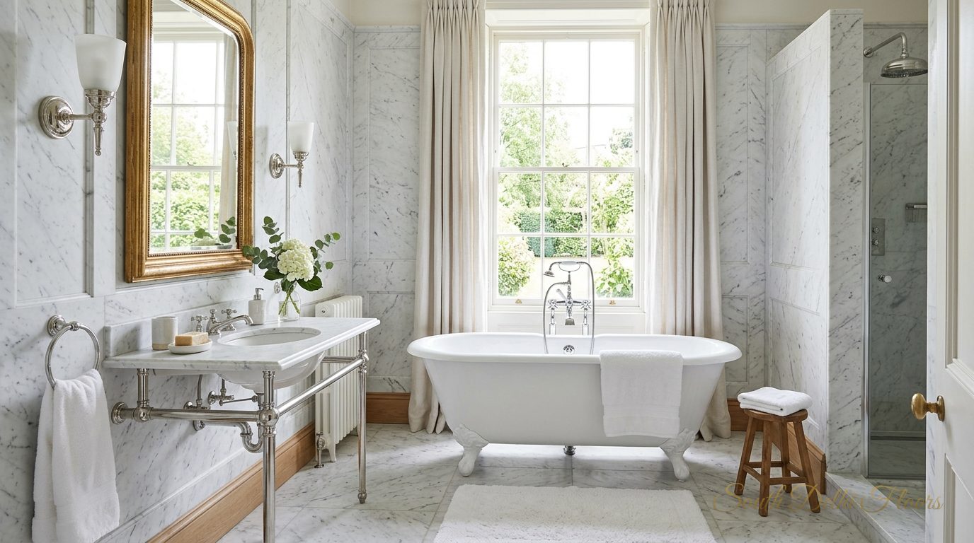 White marble bathroom with a freestanding tub