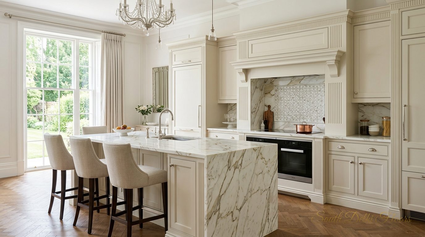 Neo-classical kitchen with European marble in a Greater Kailash 2 builder floor