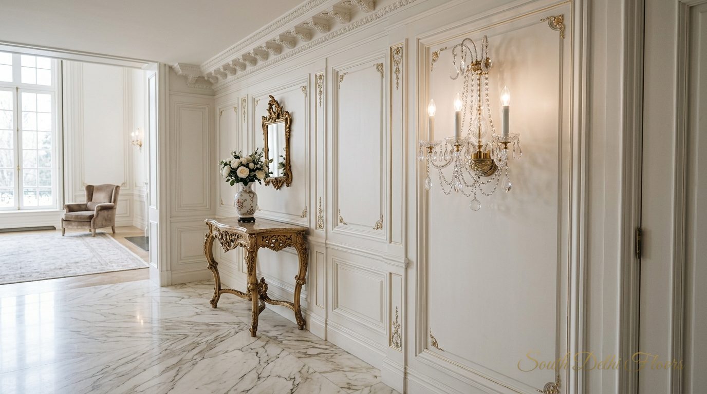 Cream European marble reception in a builder floor in Greater Kailash 2