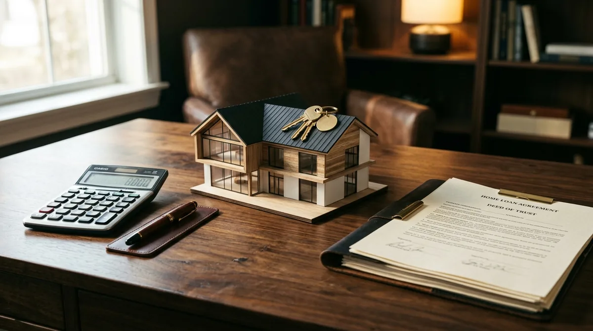 House keys, a scale model home, a calculator and property documents on a desk &mdash; the elements of a builder-floor home loan decision