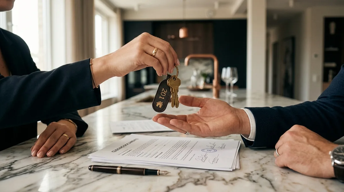 Keys handed over across a marble counter on signed property documents &mdash; the close of a builder-floor purchase
