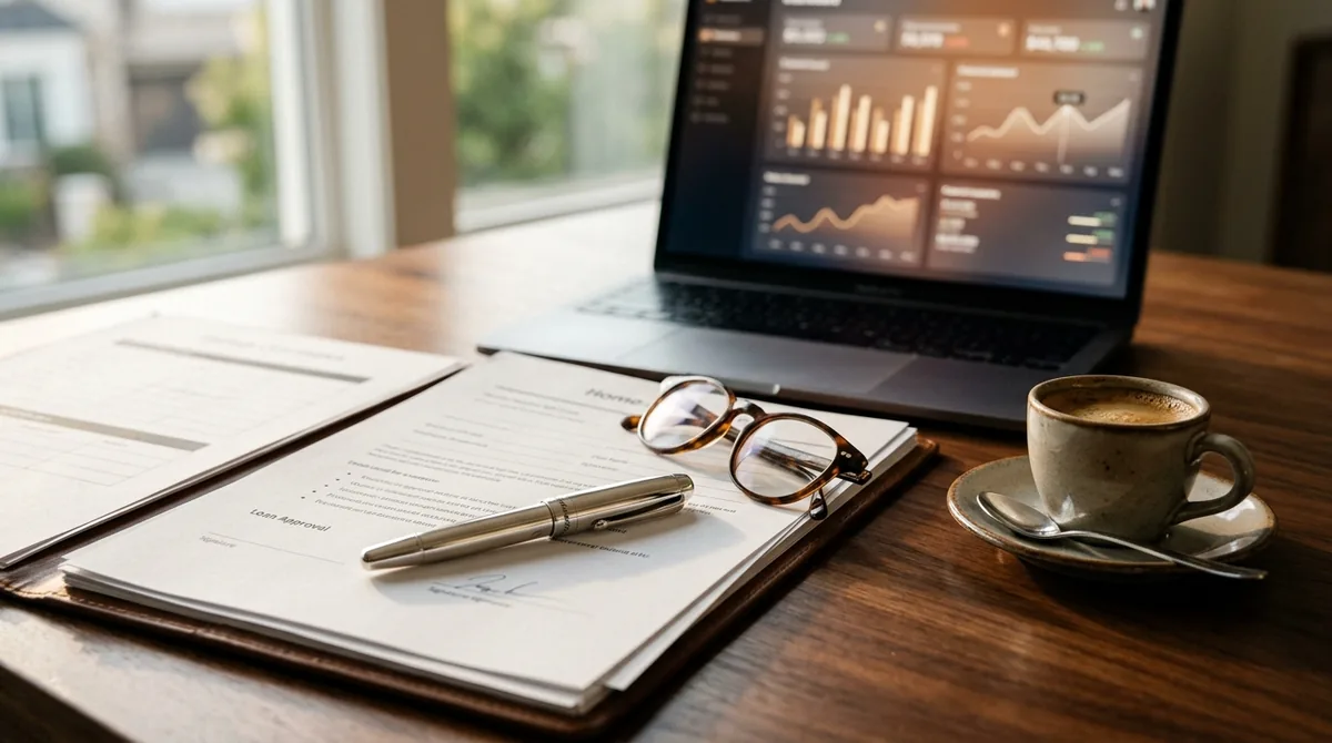 Home-loan approval documents, reading glasses and a laptop showing a financial dashboard on a desk