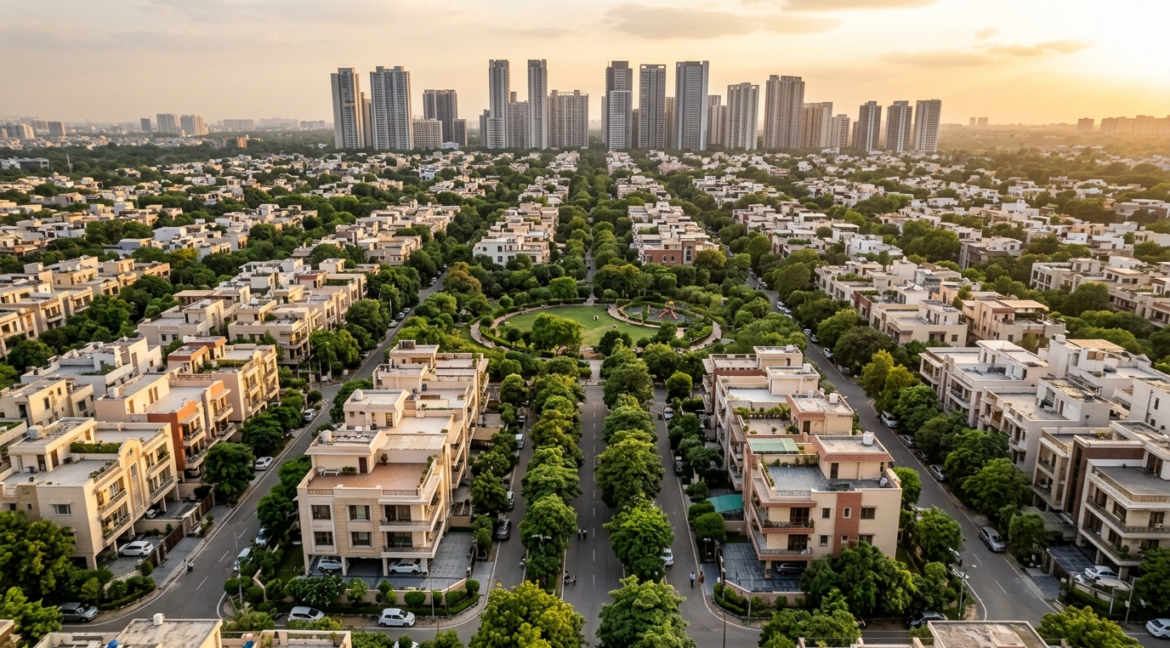 Aerial view of a South Delhi plotted colony with low-rise builder floors and high-rise apartment towers on the horizon