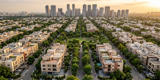 Aerial view of a South Delhi plotted colony with low-rise builder floors and high-rise apartment towers on the horizon