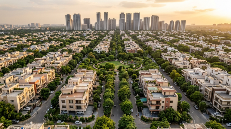 Aerial view of a South Delhi plotted colony with low-rise builder floors and high-rise apartment towers on the horizon