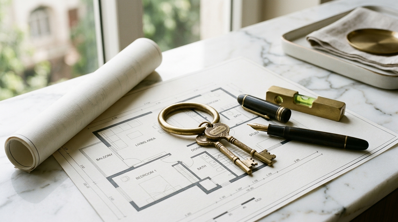 Builder floors in South Delhi FAQs &mdash; polished brass door keys on an unrolled architectural floor plan with fountain pen and spirit level on white marble, answered by SouthDelhiFloors