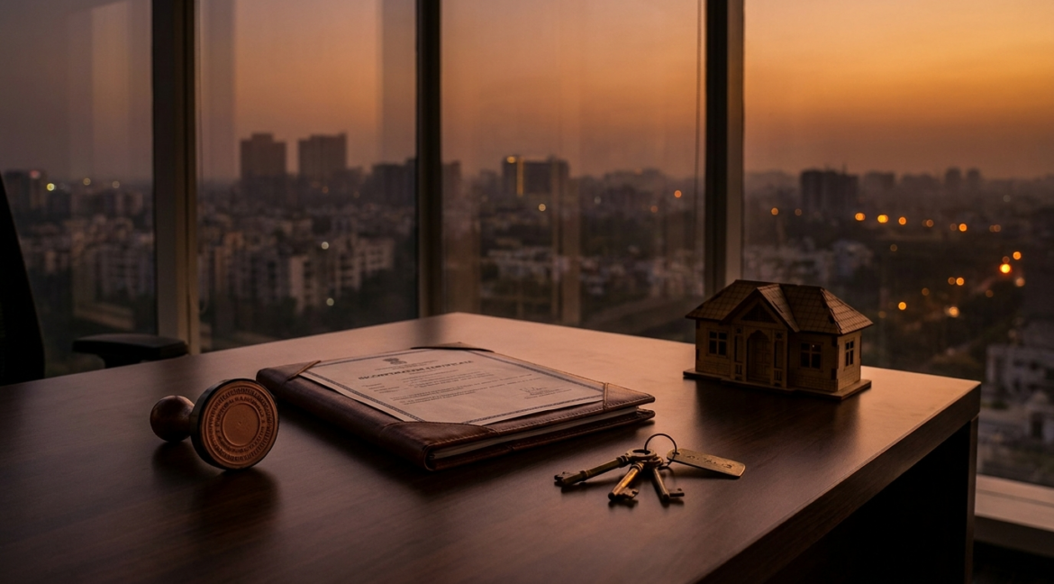 Buying property in company name — company seal, incorporation folder and house keys on an executive desk over the Delhi skyline