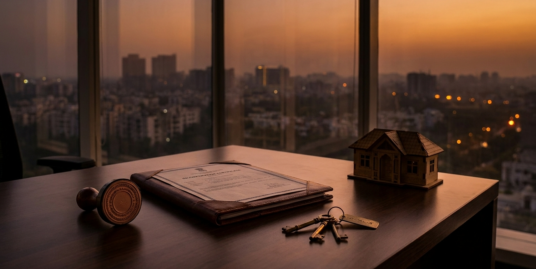 Buying property in company name — company seal, incorporation folder and house keys on an executive desk over the Delhi skyline