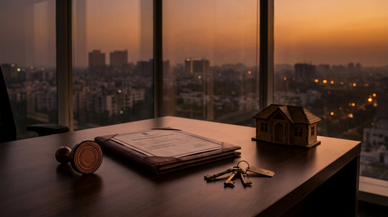 Buying property in company name &mdash; company seal, incorporation folder and house keys on an executive desk over the Delhi skyline