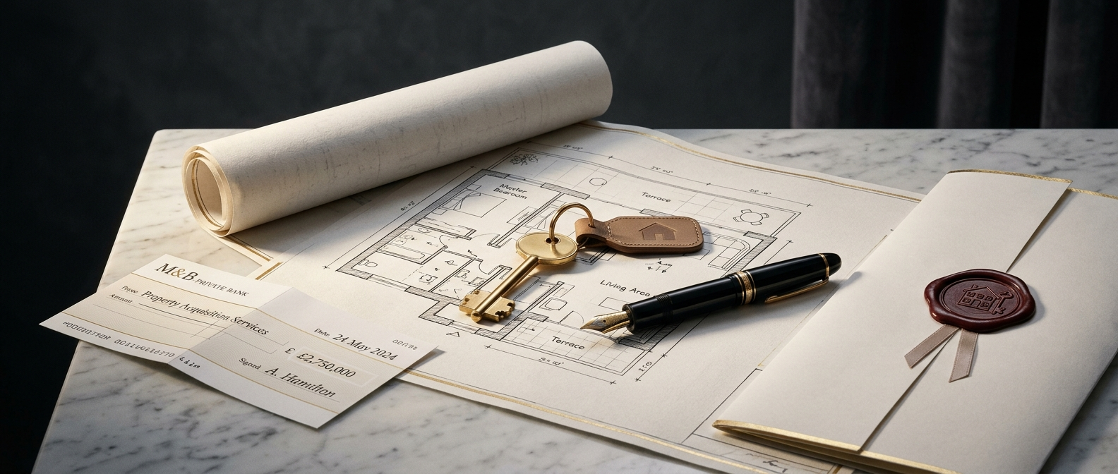 Buying property in South Delhi FAQs &mdash; brass key, fountain pen and floor plans on marble, answered by SouthDelhiFloors