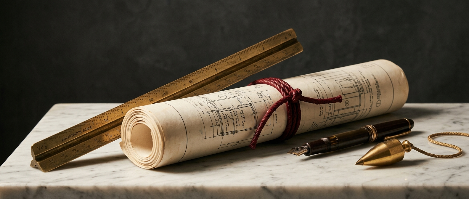 Collaboration and redevelopment in South Delhi FAQs &mdash; brass architect&rsquo;s scale on rolled blueprints with fountain pen and plumb bob on marble, answered by SouthDelhiFloors