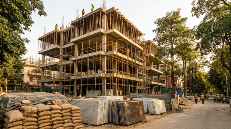 Construction cost per sq ft in Delhi &mdash; an under-construction South Delhi builder floor with scaffolding and steelwork at golden hour