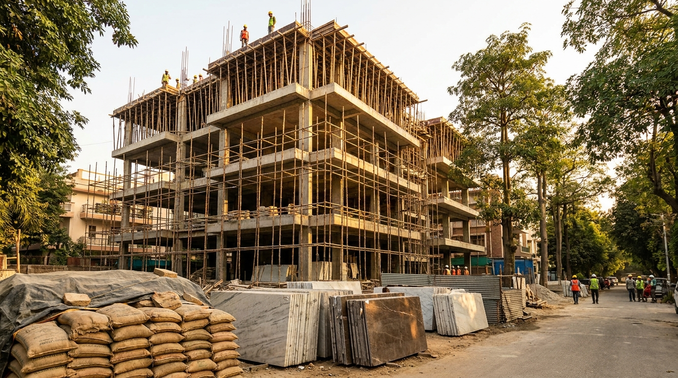 Construction cost per sq ft in Delhi &mdash; a luxury stilt plus four builder floor under construction in a South Delhi colony